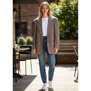 Booth Bay Blazer L Brown Vintage Herringbone Wool Blend Dark Academia Dadcore